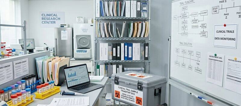 Clinical research center desk with a labeled sample transport box and trial documentation