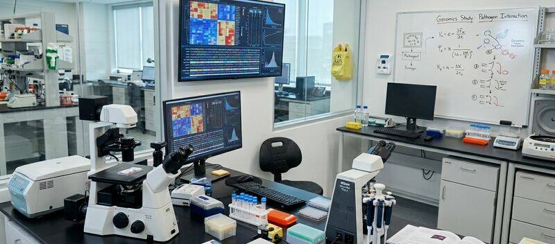 Research institution lab with genomics data displays and microscopy equipment