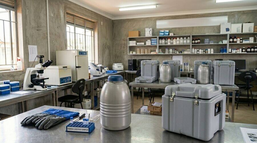 Laboratory staff with a dry shipper and cryogenic canister for temperature-controlled samples